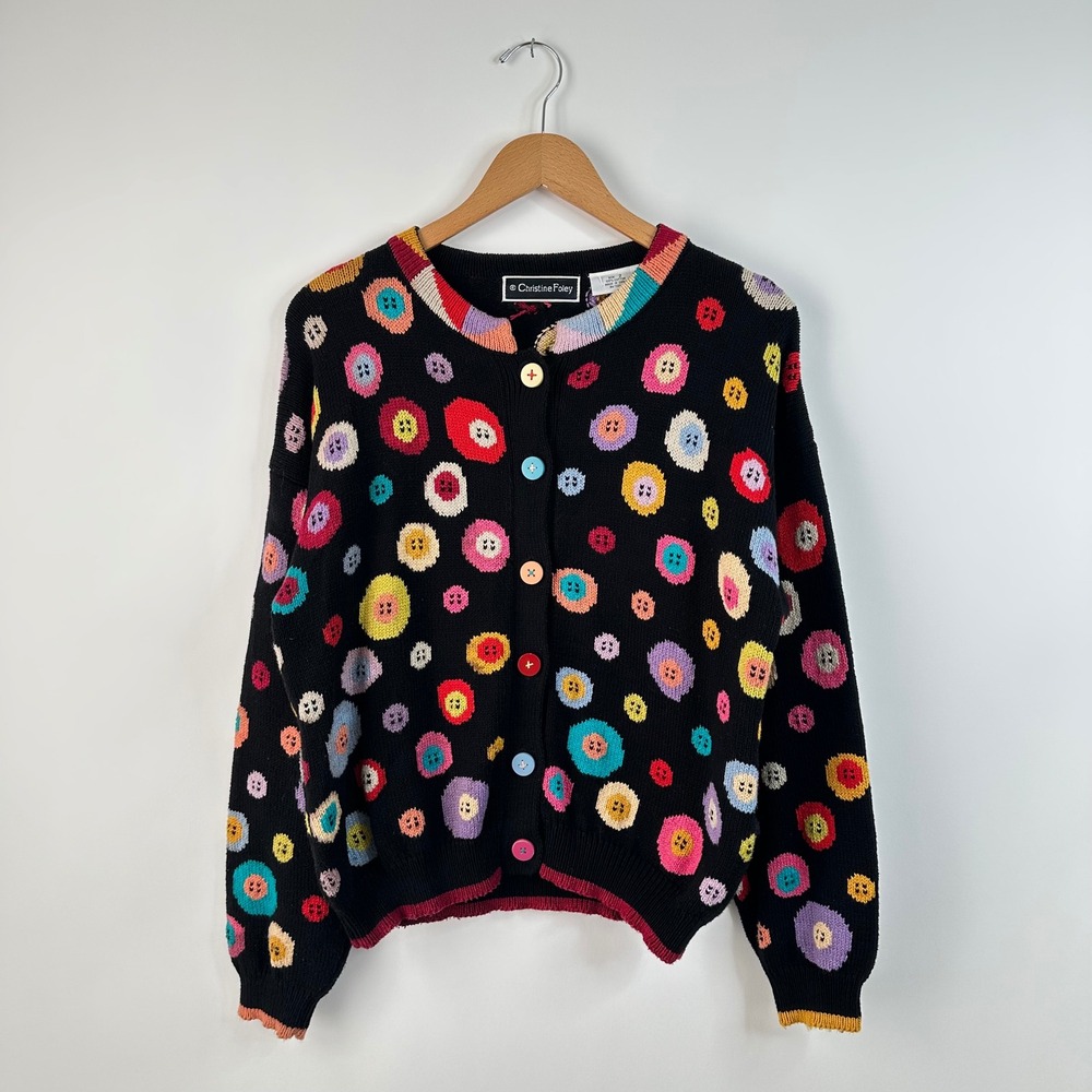 90s Vintage Christine Foley Black Button Print Knit Cardigan Sweater Small